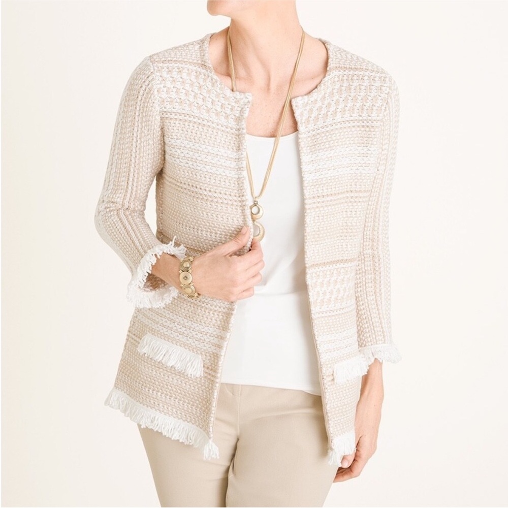 Chico’s Textured Cotton Knit Fringe Cardigan Sweater Beige & White 1/US8 - Picture 2 of 11